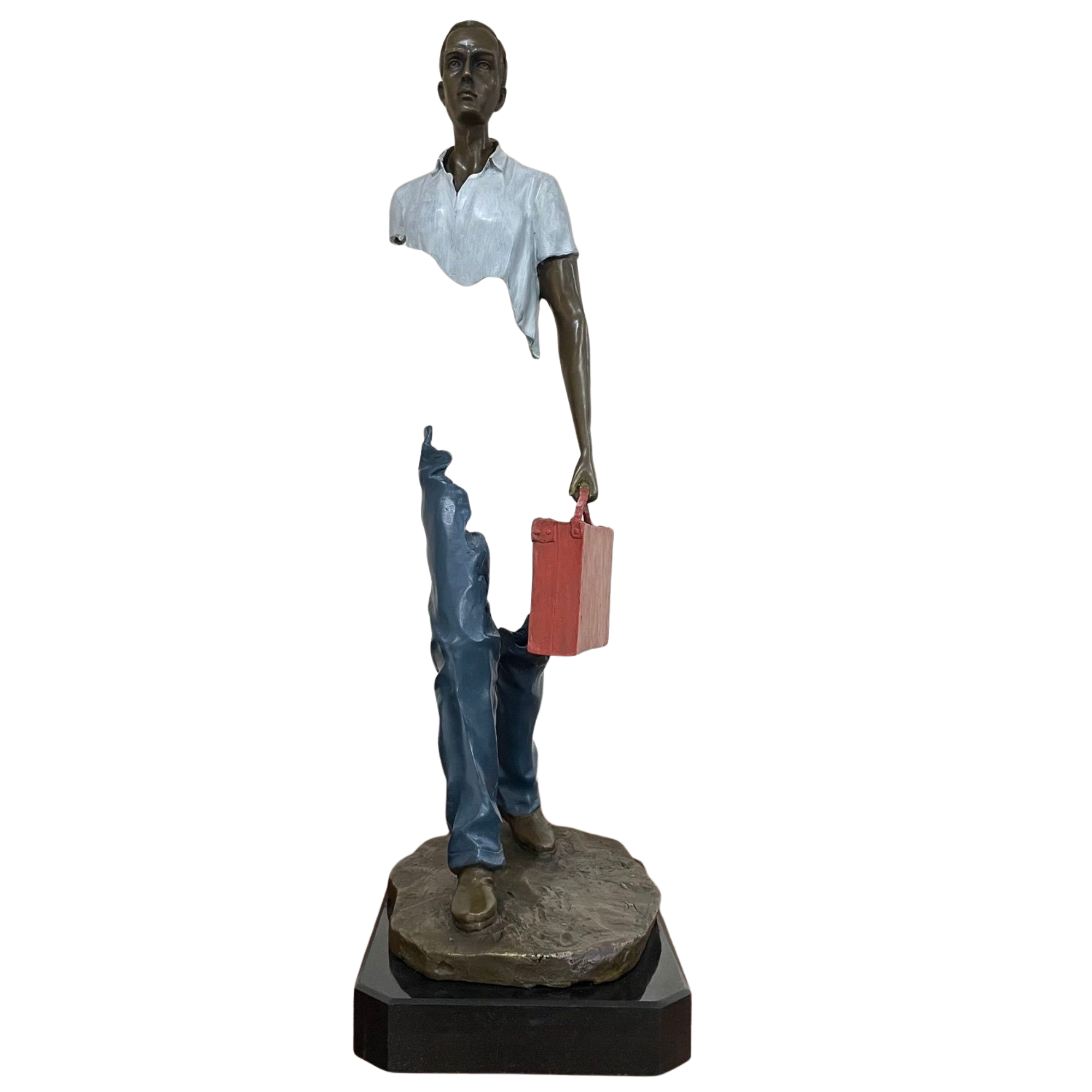 Large 63cm Standing Voyageur bronze sculpture with a stone greyish white jacket and red bag.