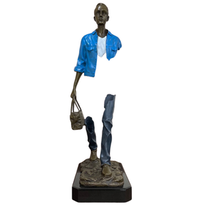 Large 63cm Standing Voyageur bronze sculpture featuring a midnight navy jacket and marble base.