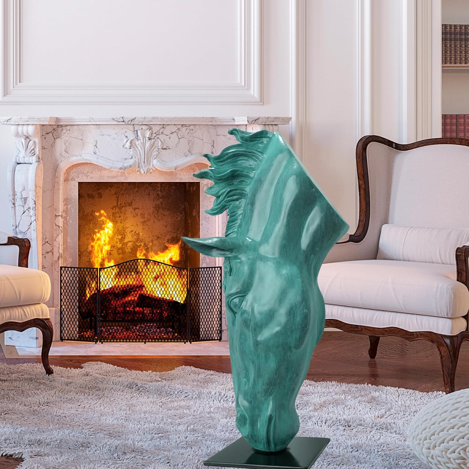 Still Water horse head bronze sculpture emerald patina displayed beside fireplace in cozy living room