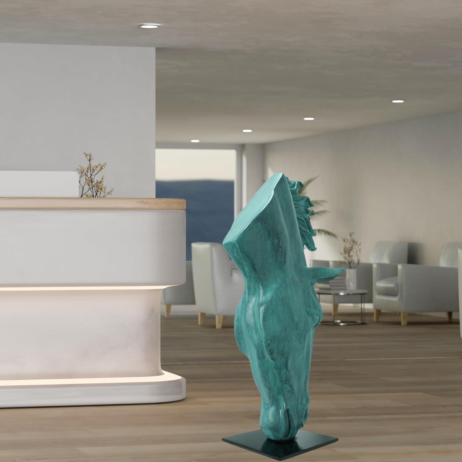 Still Water horse head bronze sculpture in emerald verdigris patina displayed in bright hallway interior