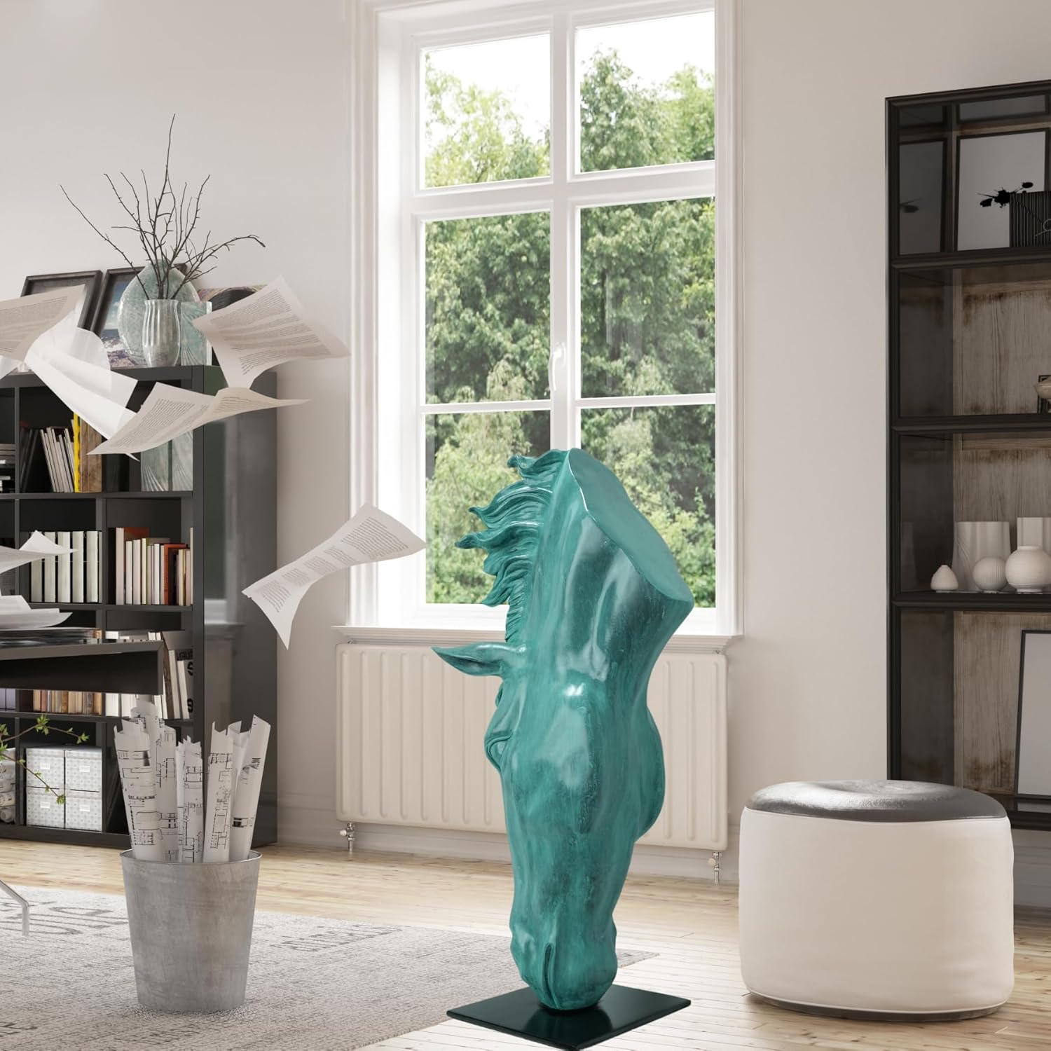 Still Water horse head bronze sculpture in emerald verdigris patina beside window and bookshelf