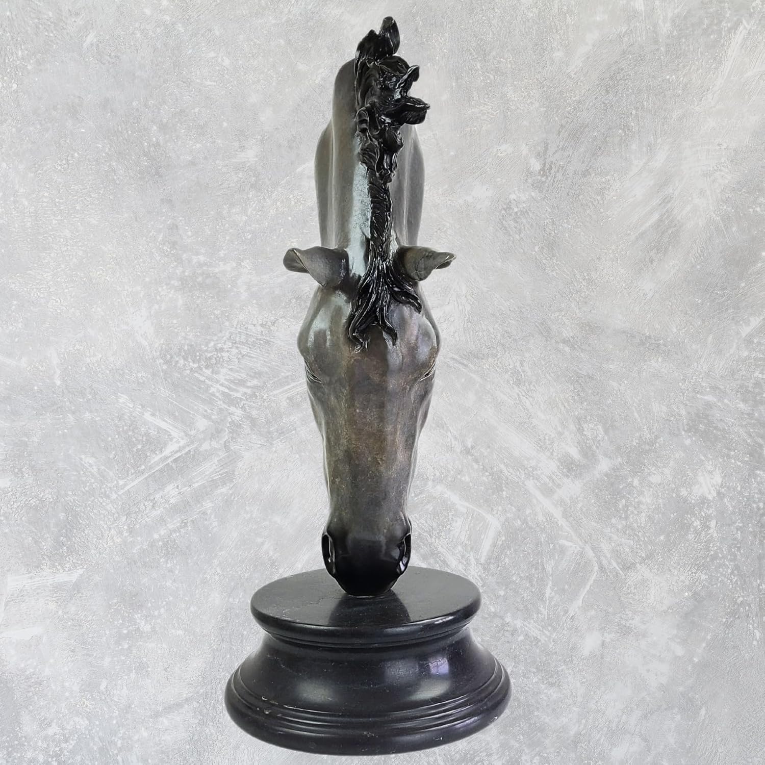 Close-up front view of Still Water horse head bronze sculpture showing detailed facial features