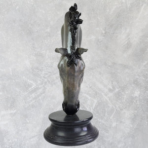 Close-up front view of Still Water horse head bronze sculpture showing detailed facial features
