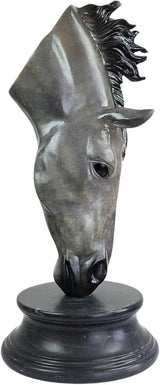 Still Water horse head bronze sculpture front view on white background, hand-cast on marble pedestal