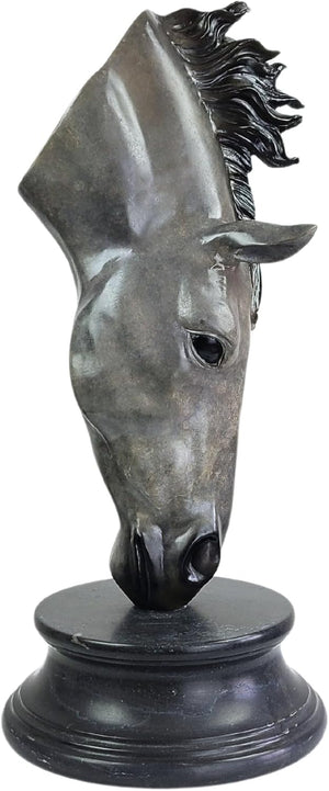 Still Water horse head bronze sculpture front view on white background, hand-cast on marble pedestal