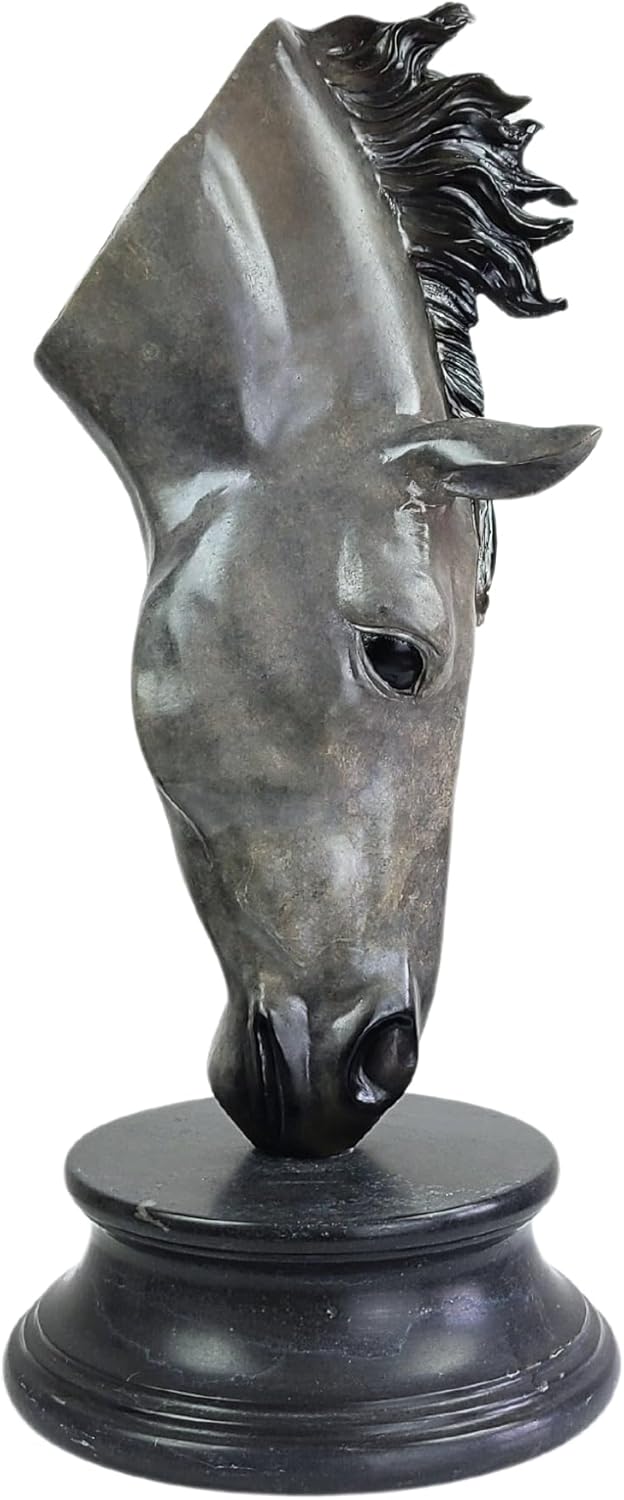 Still Water horse head bronze sculpture front view on white background, hand-cast on marble pedestal