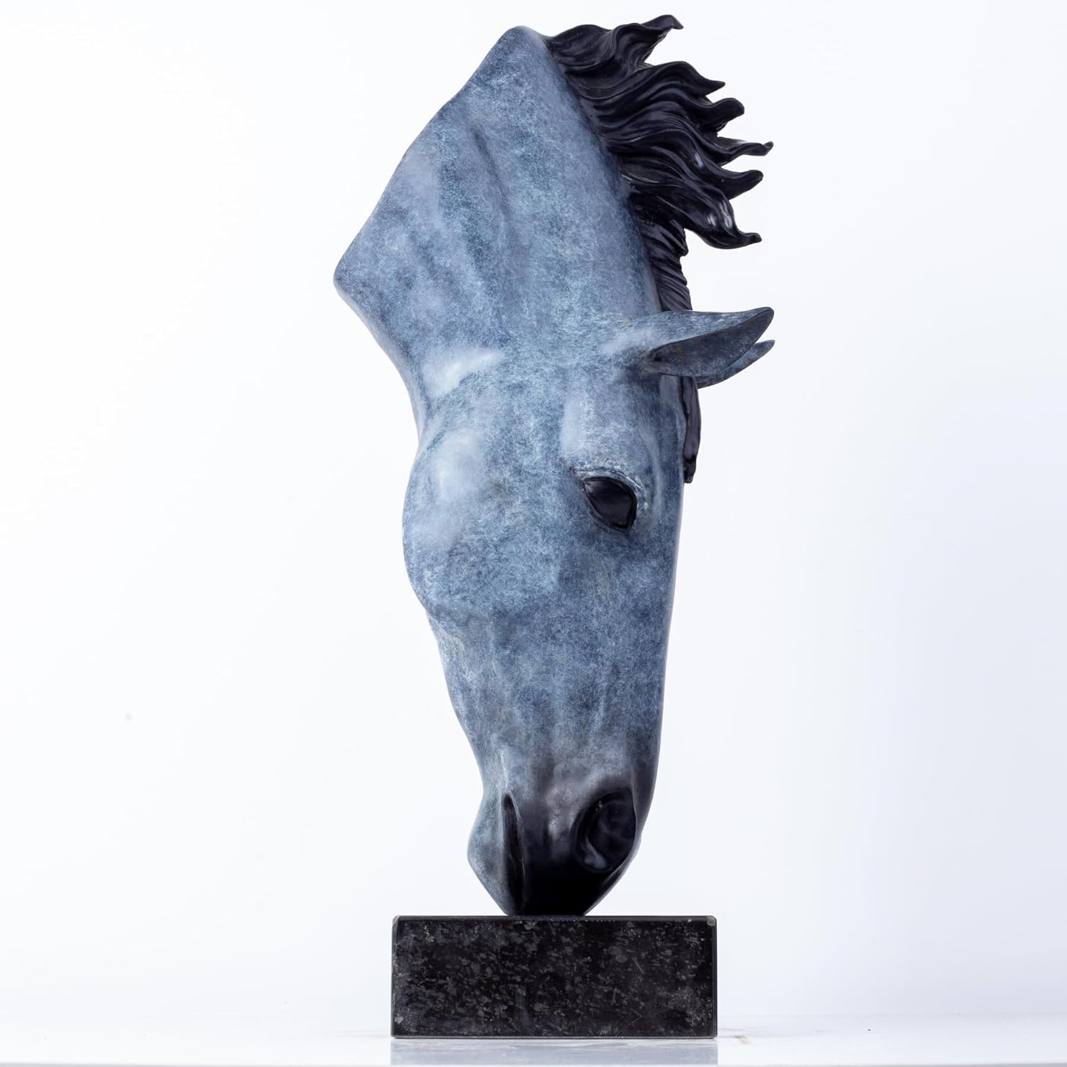 Still Water horse head bronze sculpture in black and frost patina front view on white background