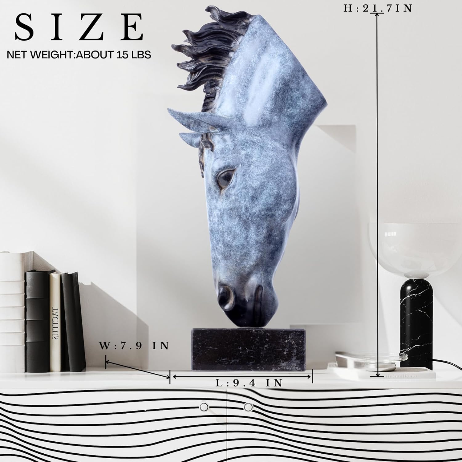Still Water horse head bronze sculpture frost patina size chart showing dimensions and weight