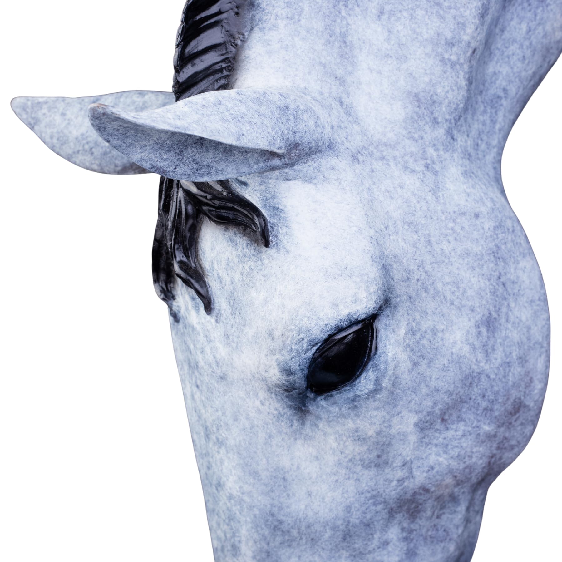 Back view of Still Water horse head bronze sculpture in Nordic snow white finish showing mane texture