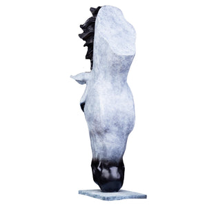 Still Water horse head bronze sculpture Nordic snow white left side view showing obsidian black nose detail