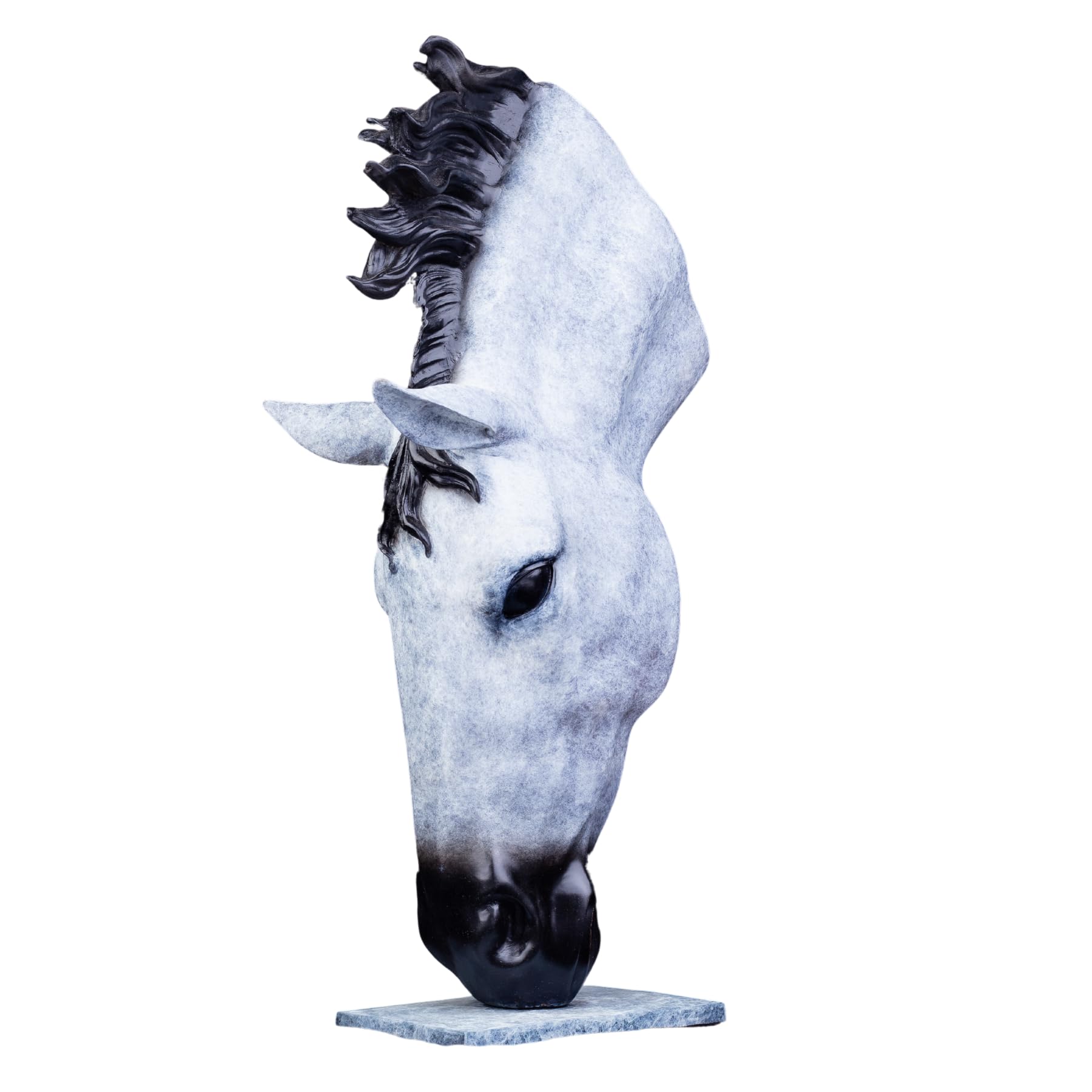 Still Water horse head bronze sculpture Nordic snow white left three-quarter angle view