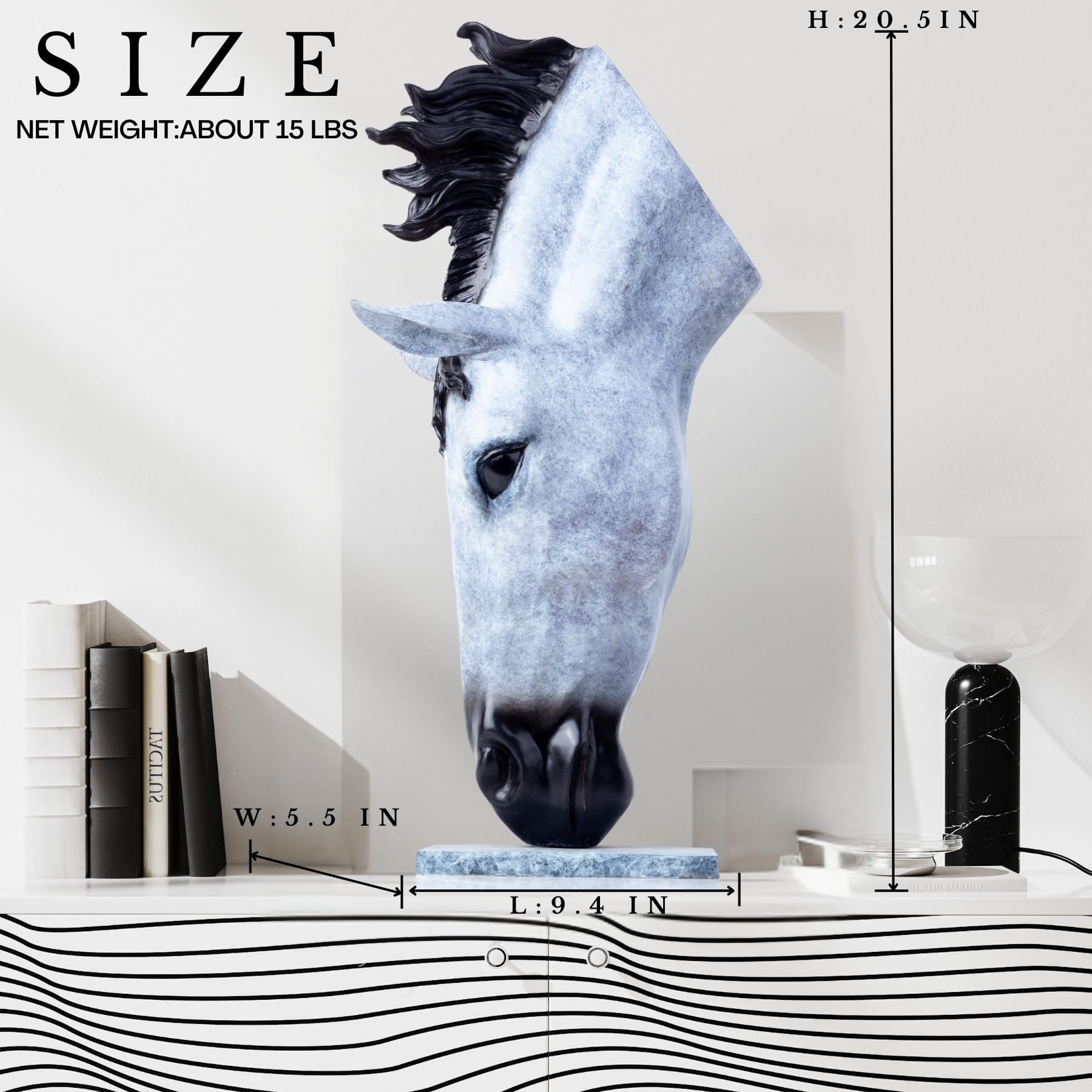 Still Water horse head bronze sculpture Nordic snow white size chart showing dimensions and weight