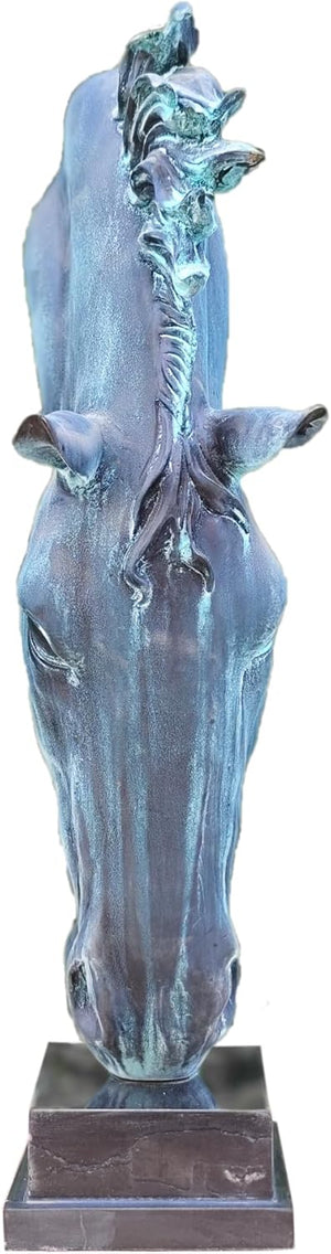 Still Water horse head bronze sculpture in fluorescent ocean blue-green patina front view on marble base