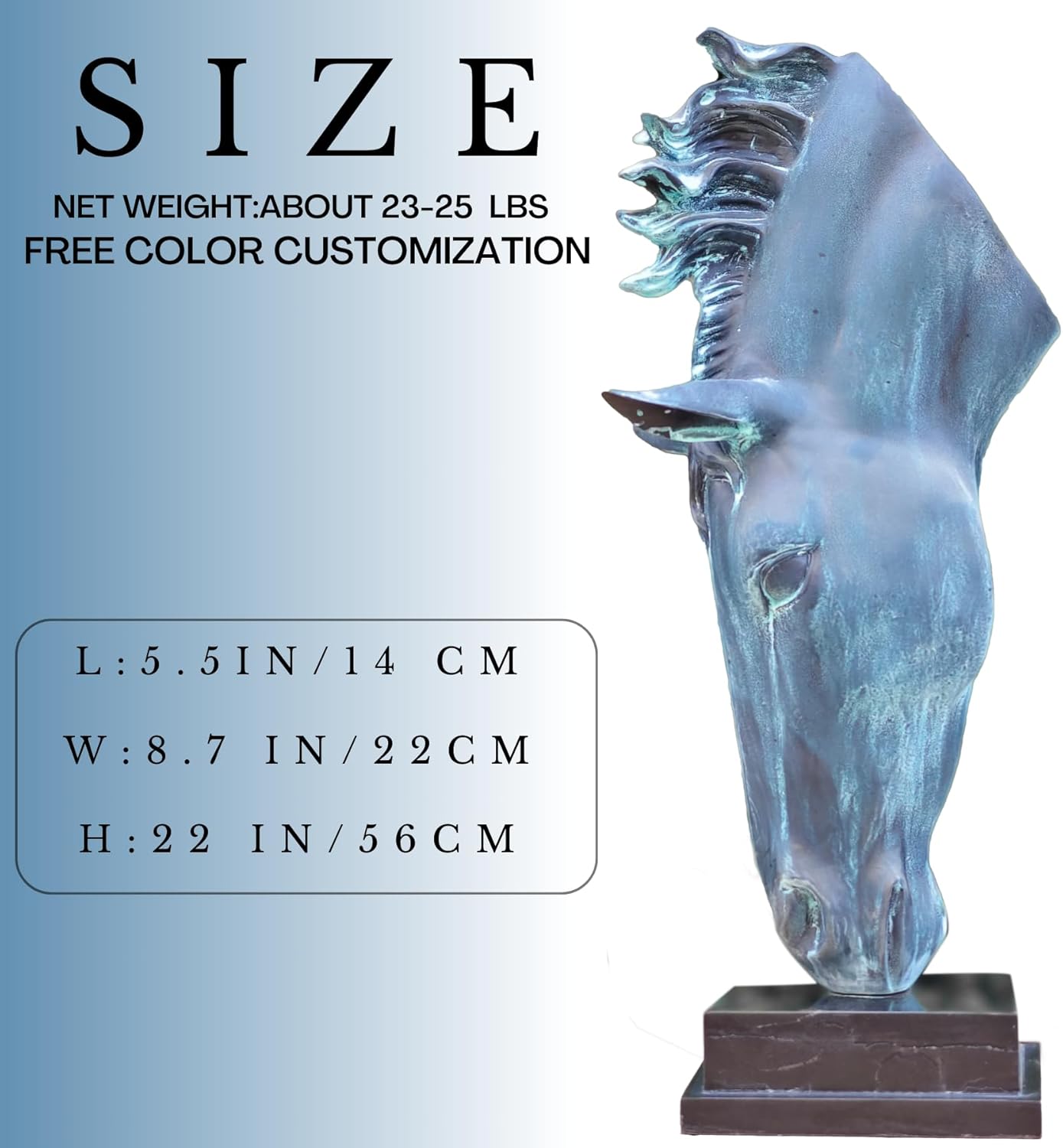 Still Water horse head bronze sculpture ocean blue-green patina size chart showing dimensions and weight