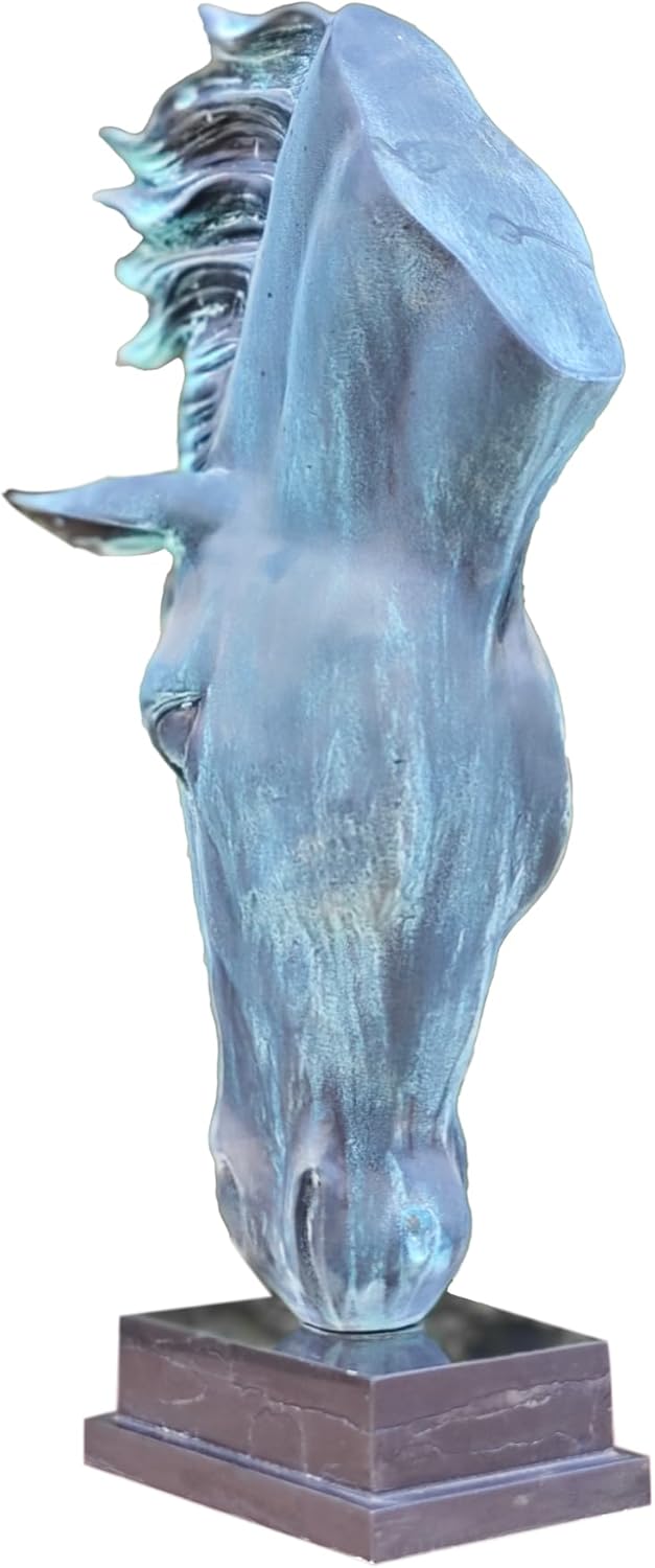 Still Water horse head bronze sculpture ocean blue-green patina three-quarter angle view on marble base