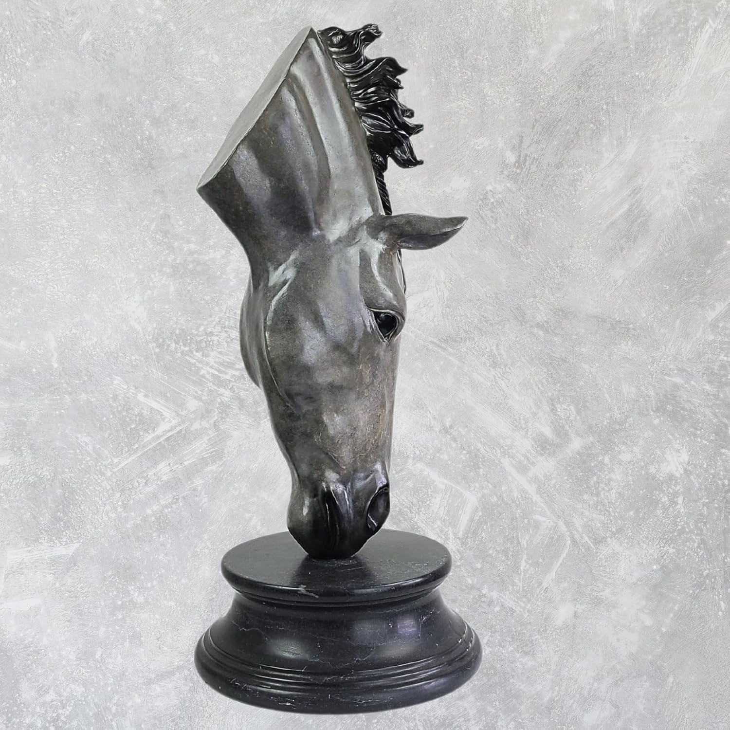 Still Water horse head bronze sculpture right side view displaying full profile on marble pedestal