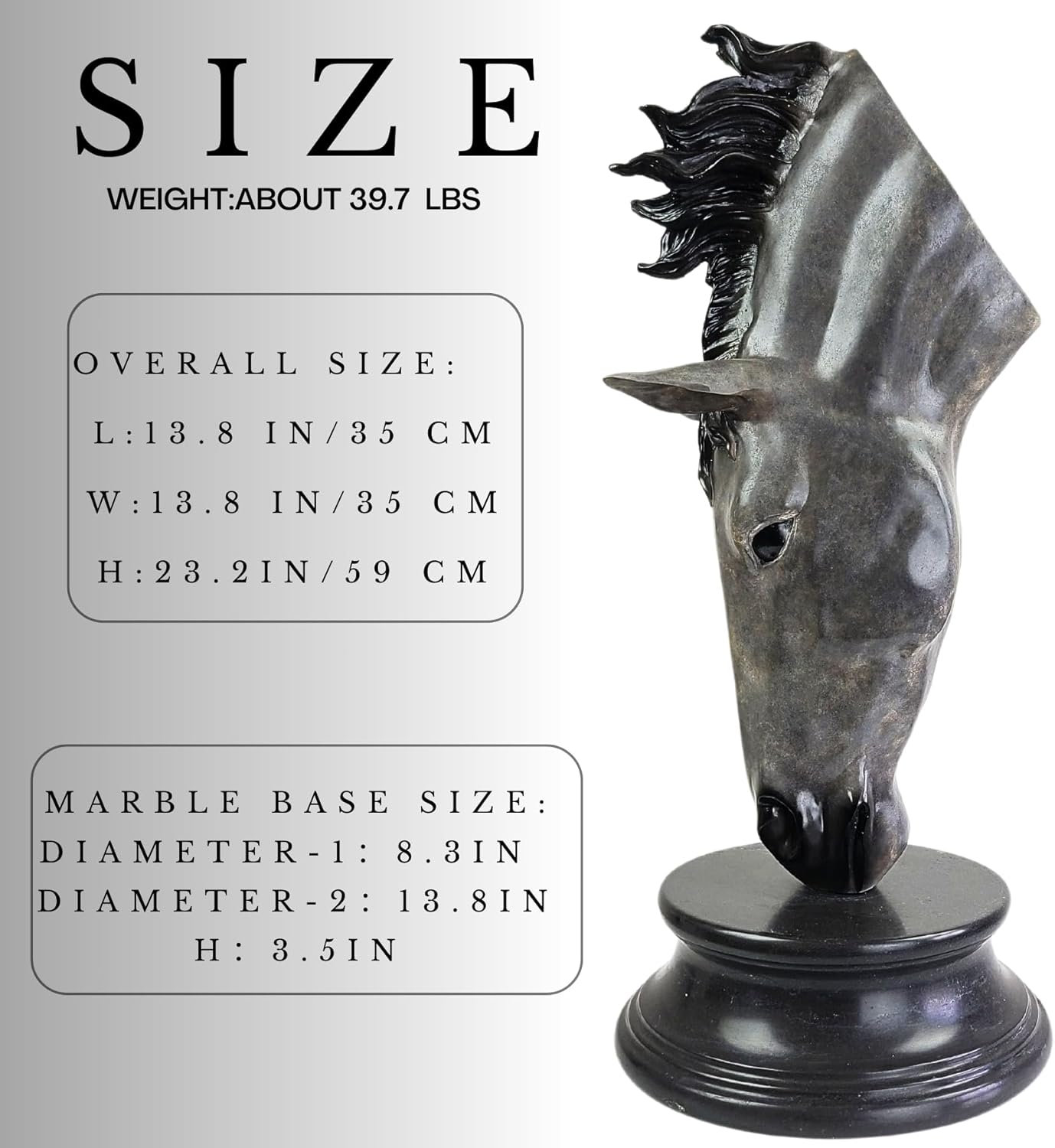 Still Water horse head bronze sculpture size chart showing dimensions and marble base measurements