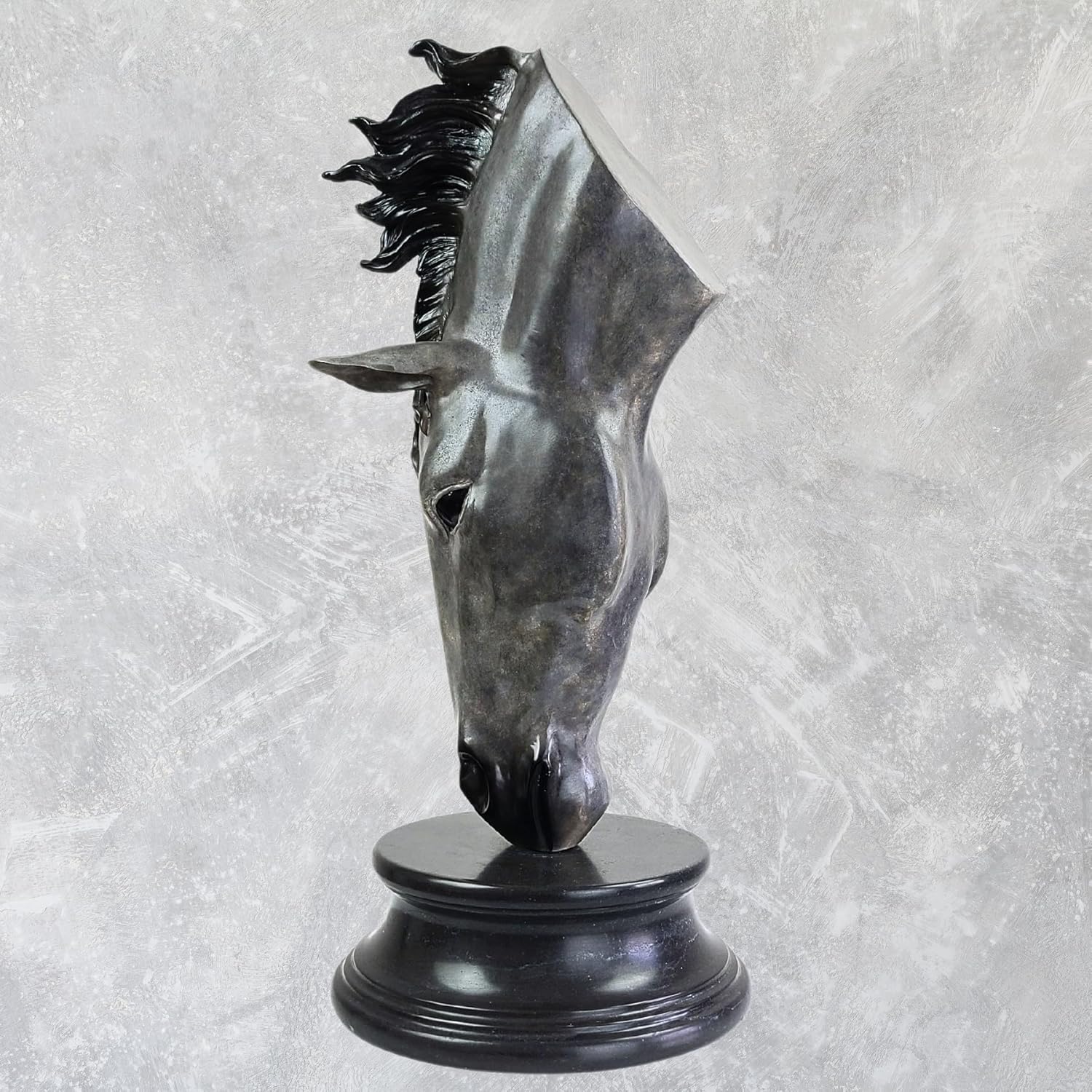 Still Water horse head bronze sculpture three-quarter angle view showing abstract mane sculpting