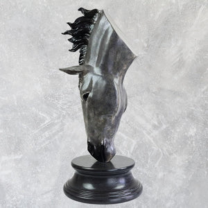 Still Water horse head bronze sculpture three-quarter angle view showing abstract mane sculpting