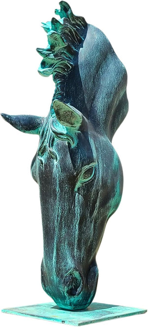 Still Water horse head bronze sculpture verdigris patina front close-up view showing detailed mane