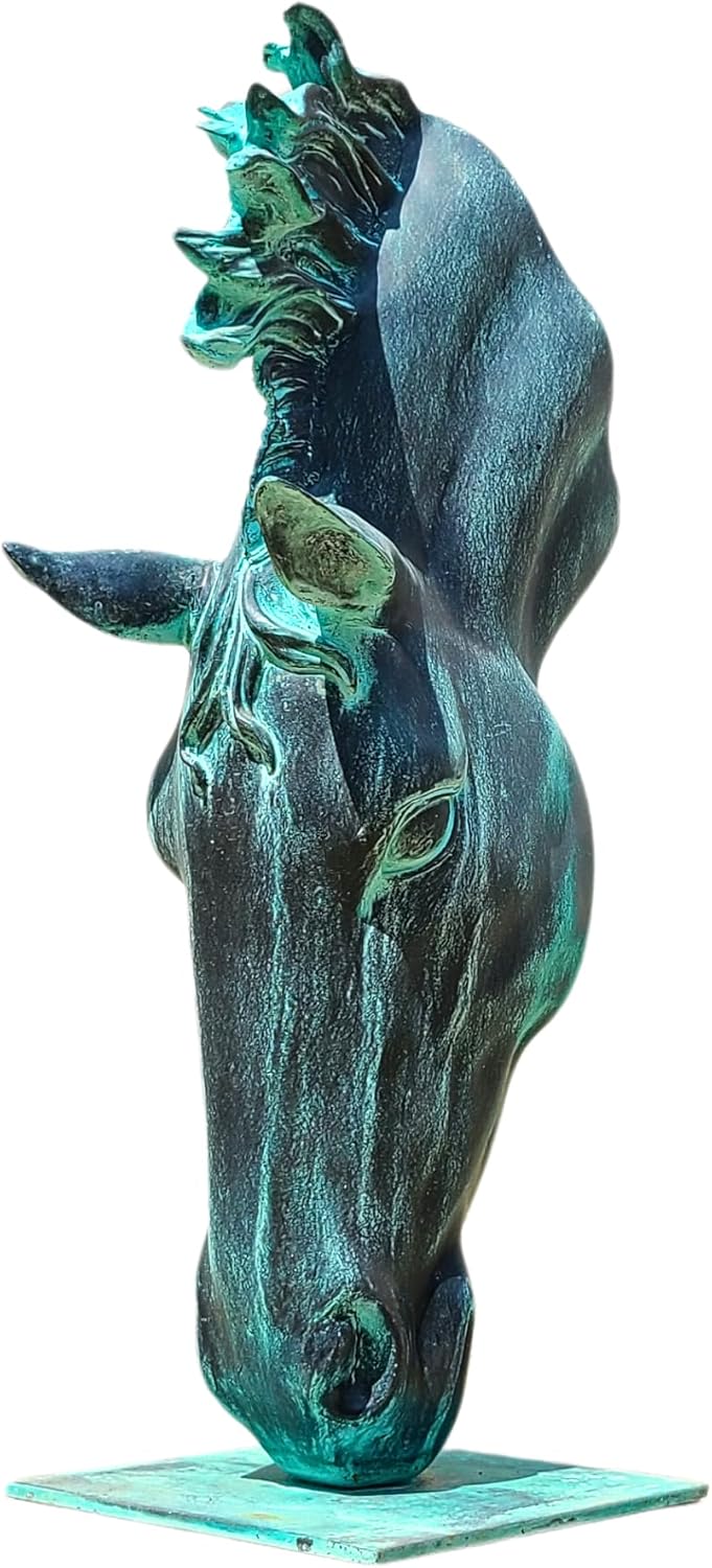 Still Water horse head bronze sculpture verdigris patina front close-up view showing detailed mane