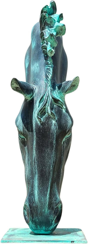 Still Water horse head bronze sculpture in antique verdigris patina front view on white background