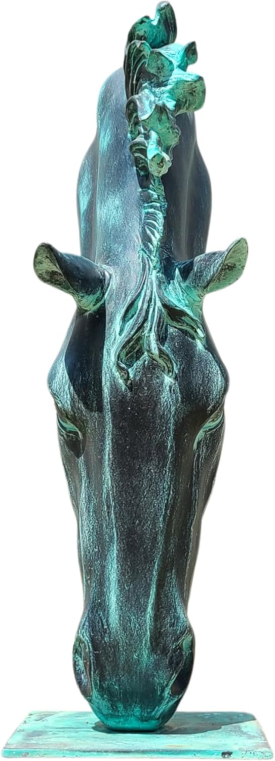 Still Water horse head bronze sculpture in antique verdigris patina front view on white background