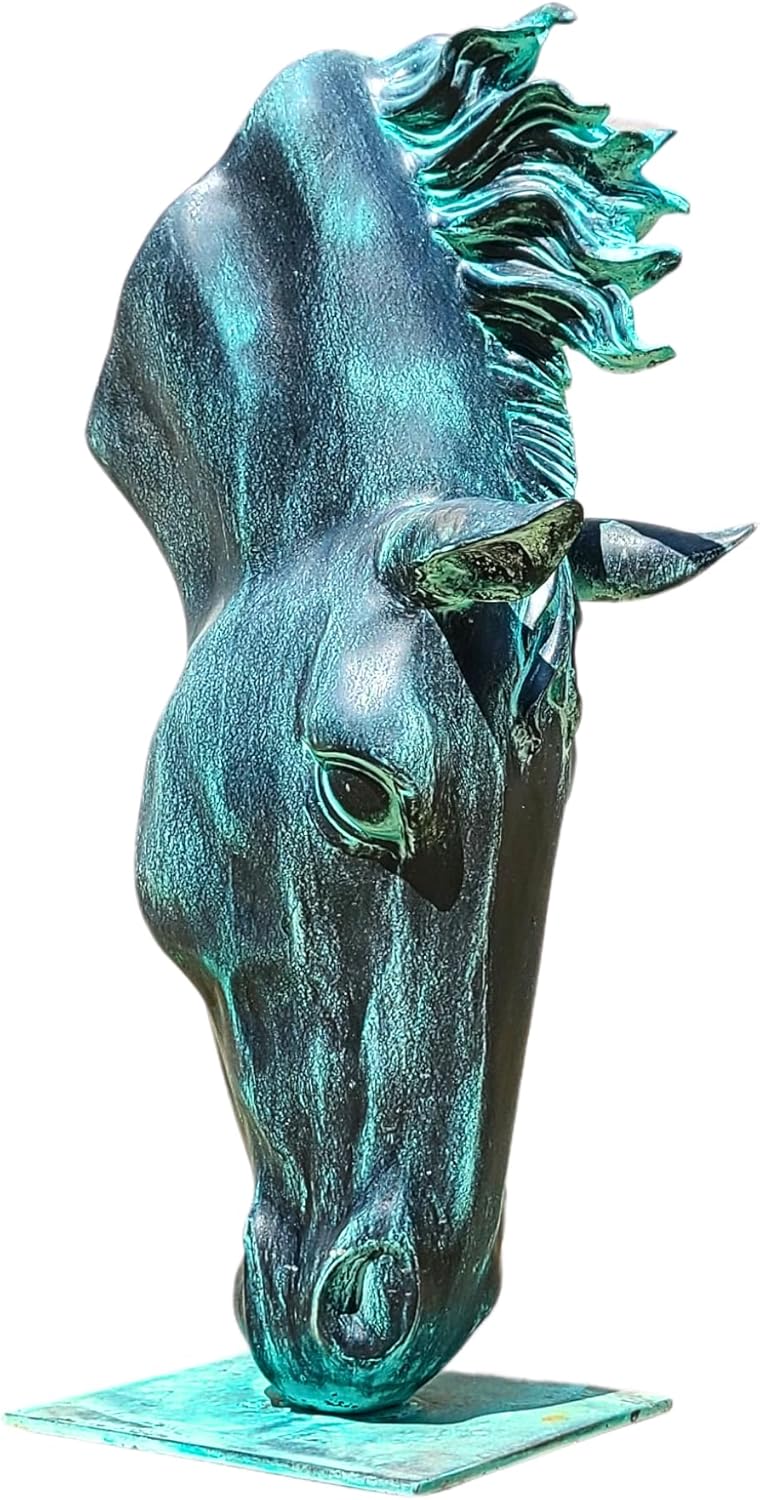 Still Water horse head bronze sculpture in antique verdigris patina left side view on green base
