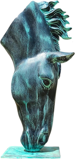 Still Water horse head bronze sculpture verdigris patina right side view showing curved neck detail