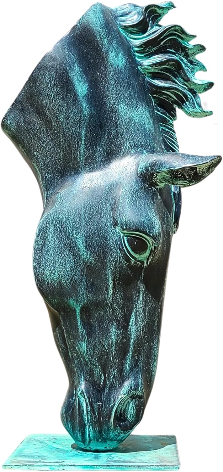 Still Water horse head bronze sculpture verdigris patina right side view showing curved neck detail