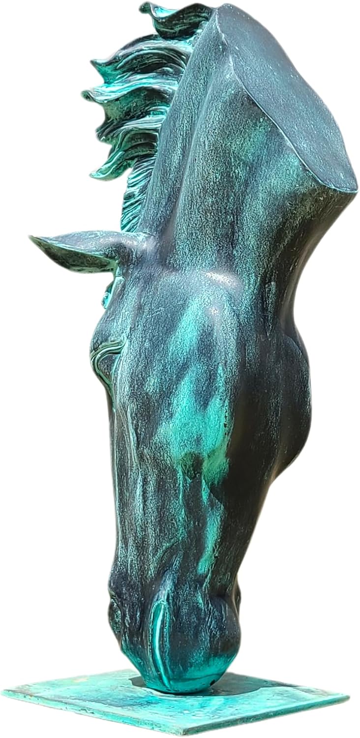 Still Water horse head bronze sculpture verdigris patina three-quarter angle view on green base