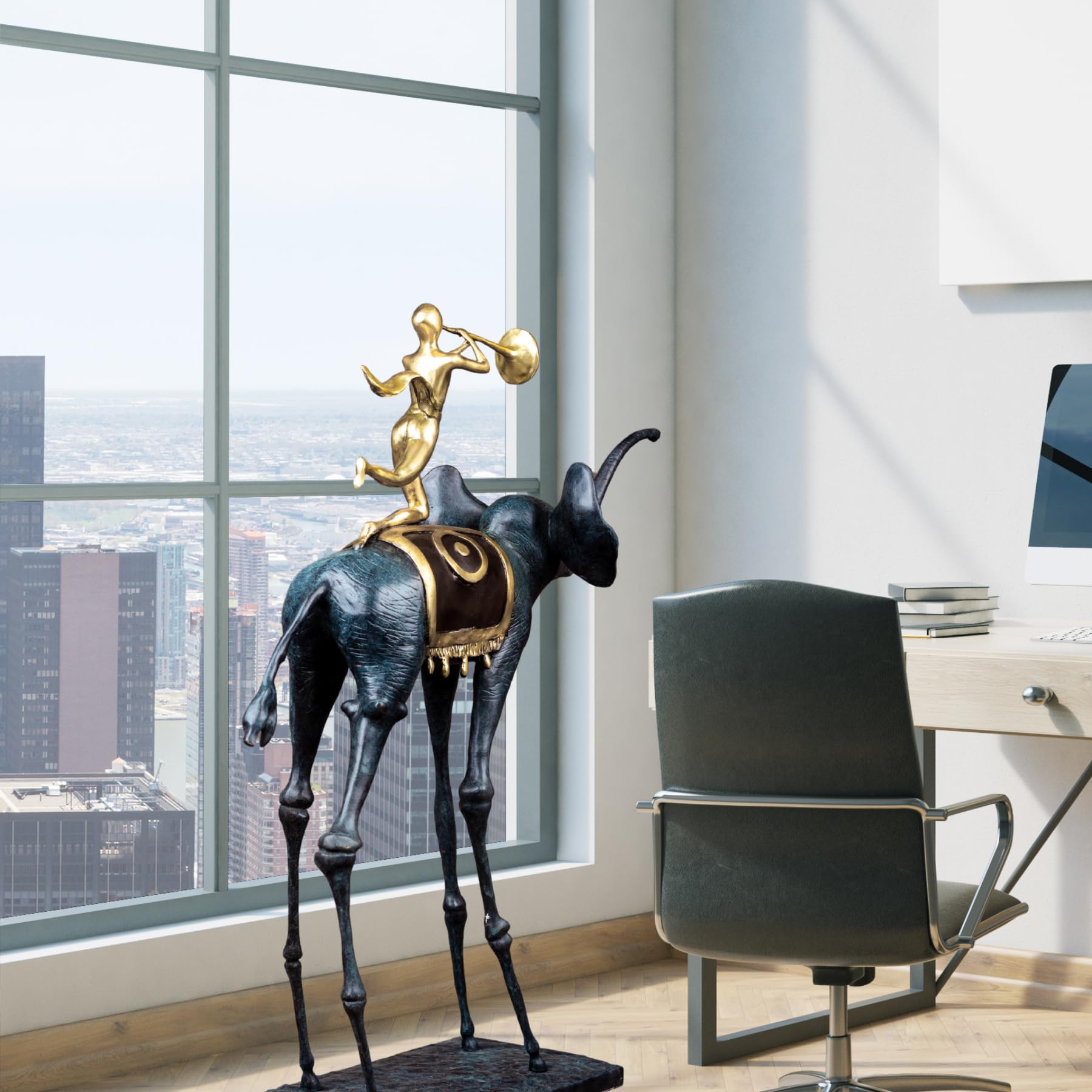 Surrealist bronze elephant statue beside armchair and window in contemporary living space
