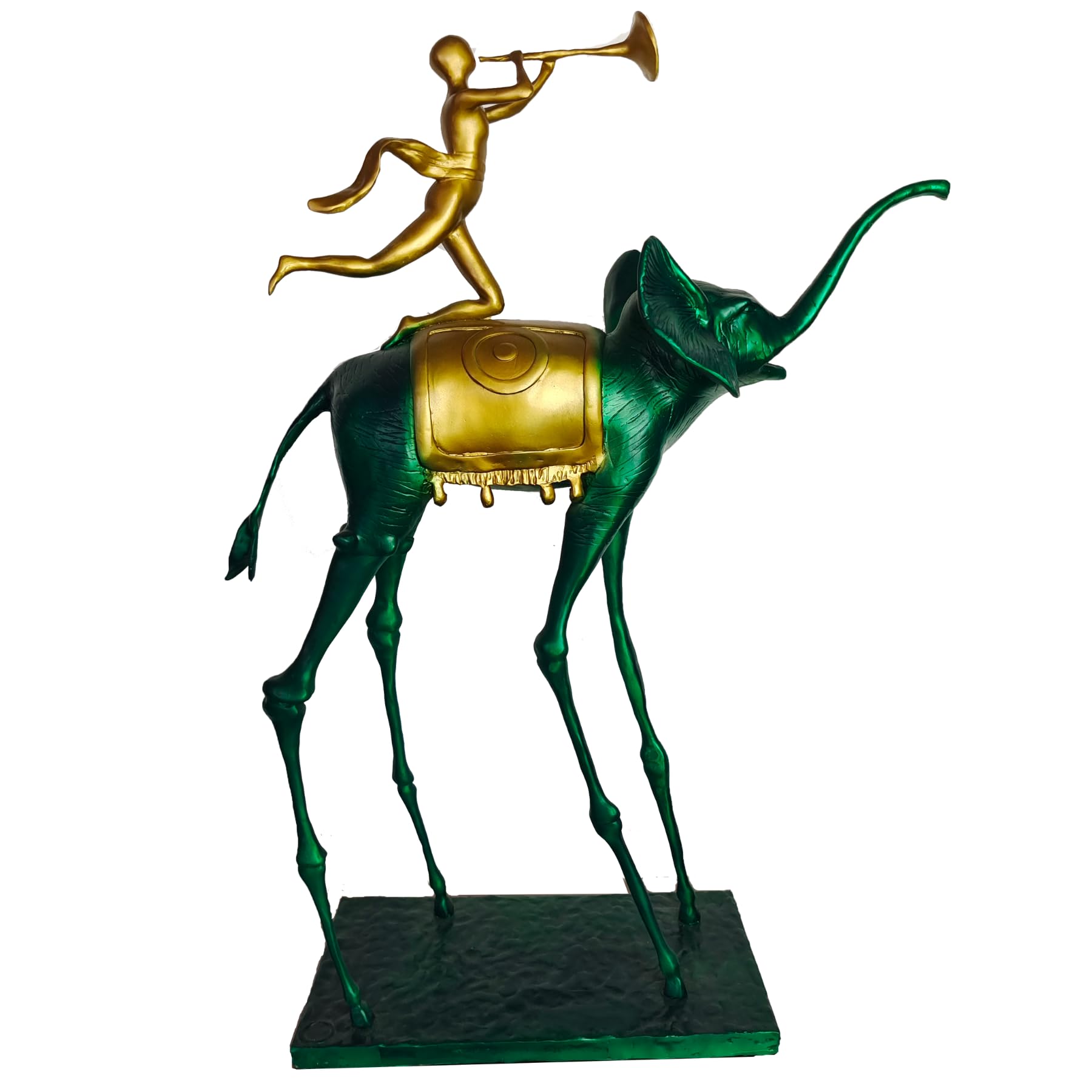 Dali-inspired surrealist bronze elephant statue front view on white background with trumpeter rider