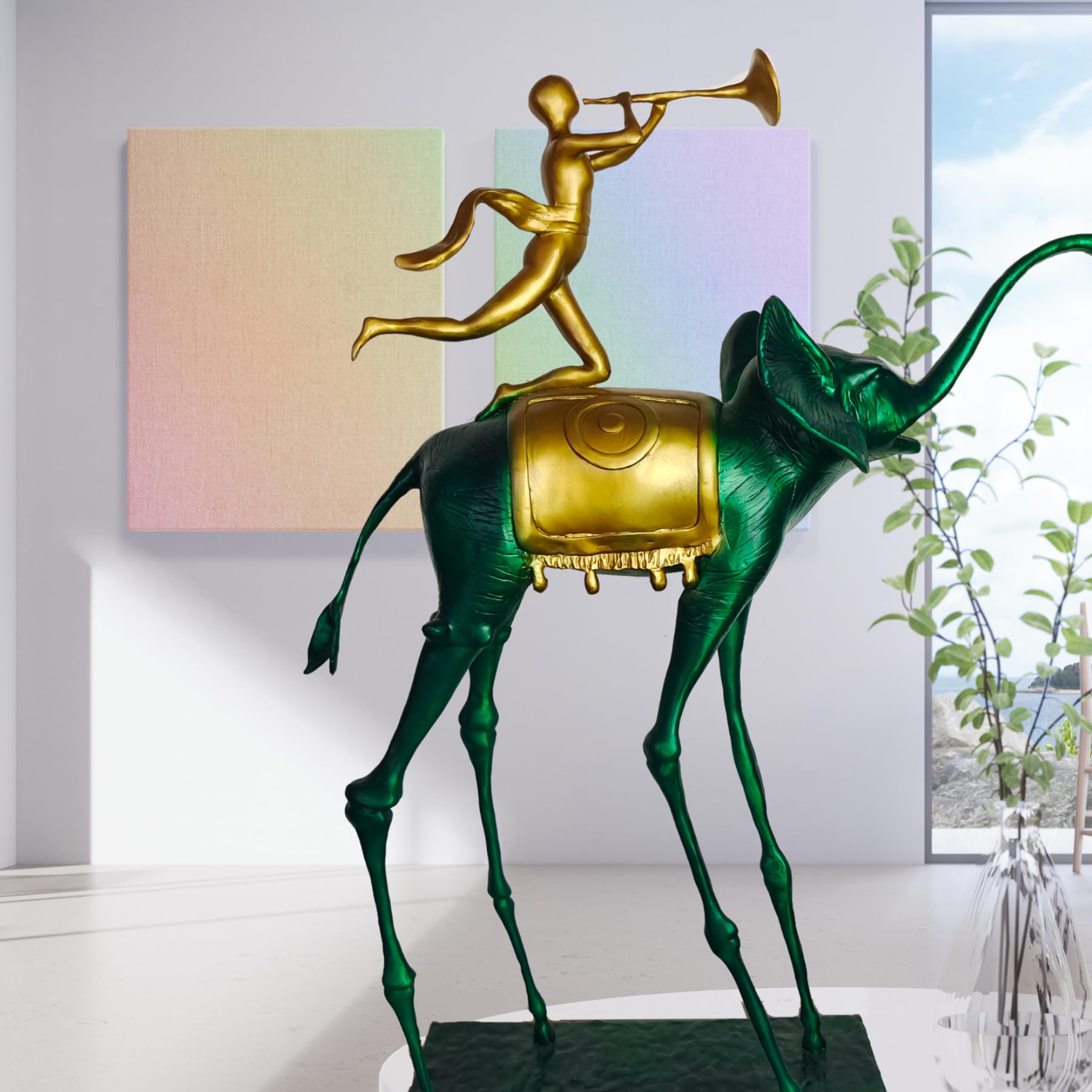 Surrealist bronze elephant statue displayed against colorful abstract gallery wall art background