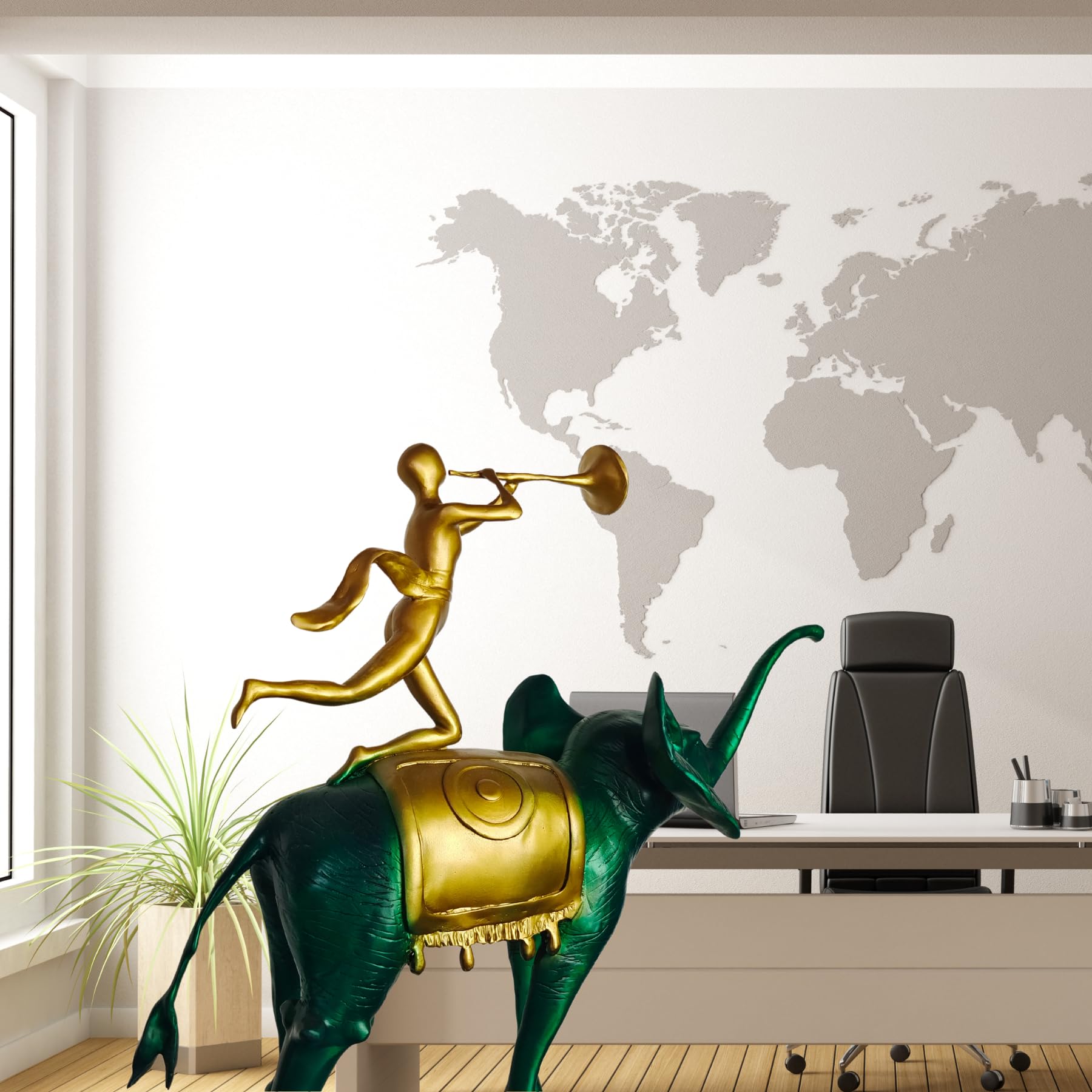 Surrealist bronze elephant statue on desk beside vintage globe and world map decor