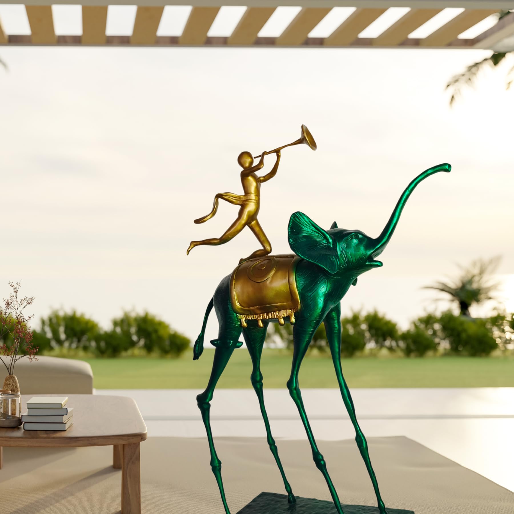 Dali-inspired bronze elephant statue displayed outdoors beside striped canopy in luxury patio setting