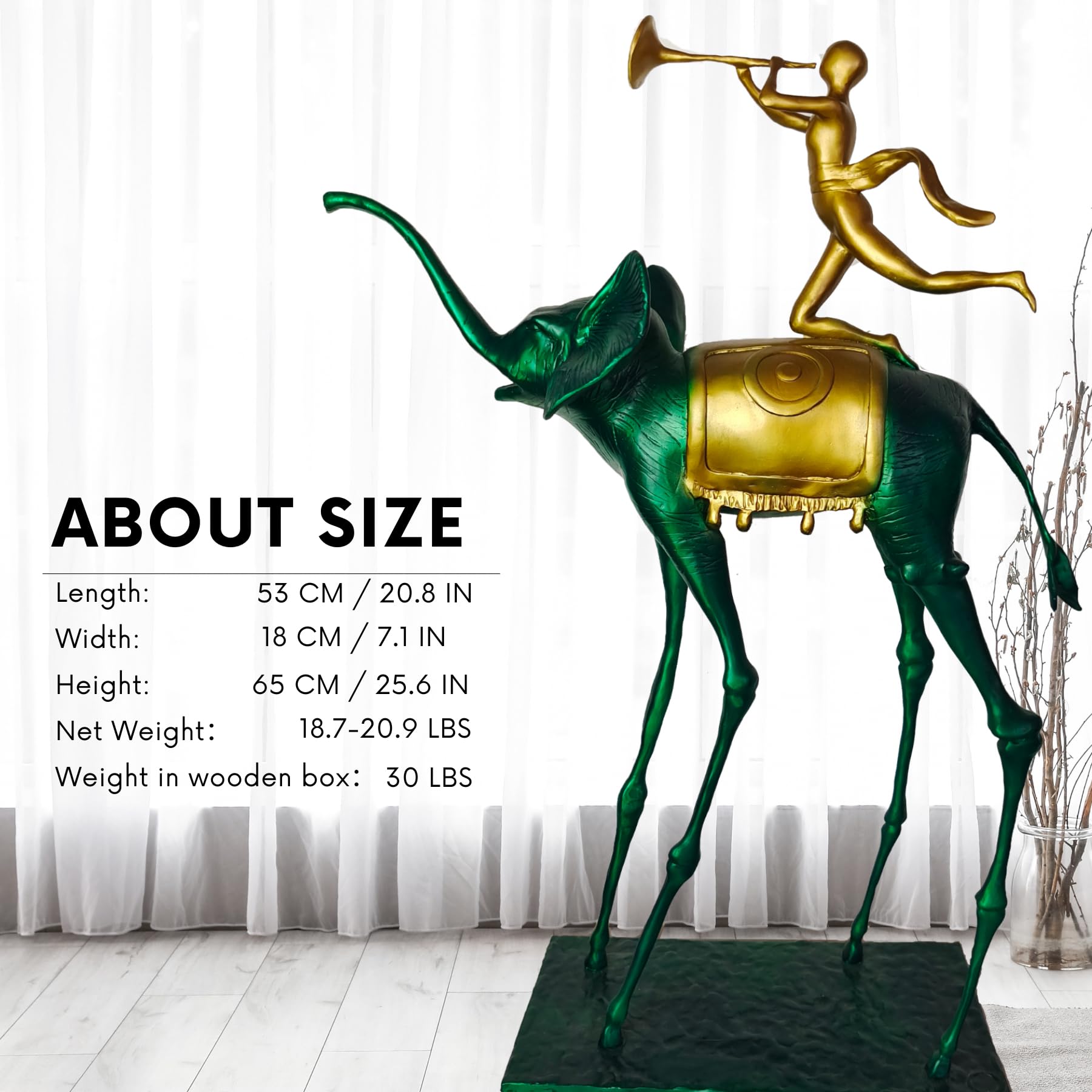 Surrealist bronze elephant statue with trumpeter rider size chart showing dimensions and weight specifications