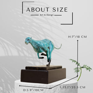 Teal azure running cheetah sculpture size dimension reference showing 13.1 inch measurements
