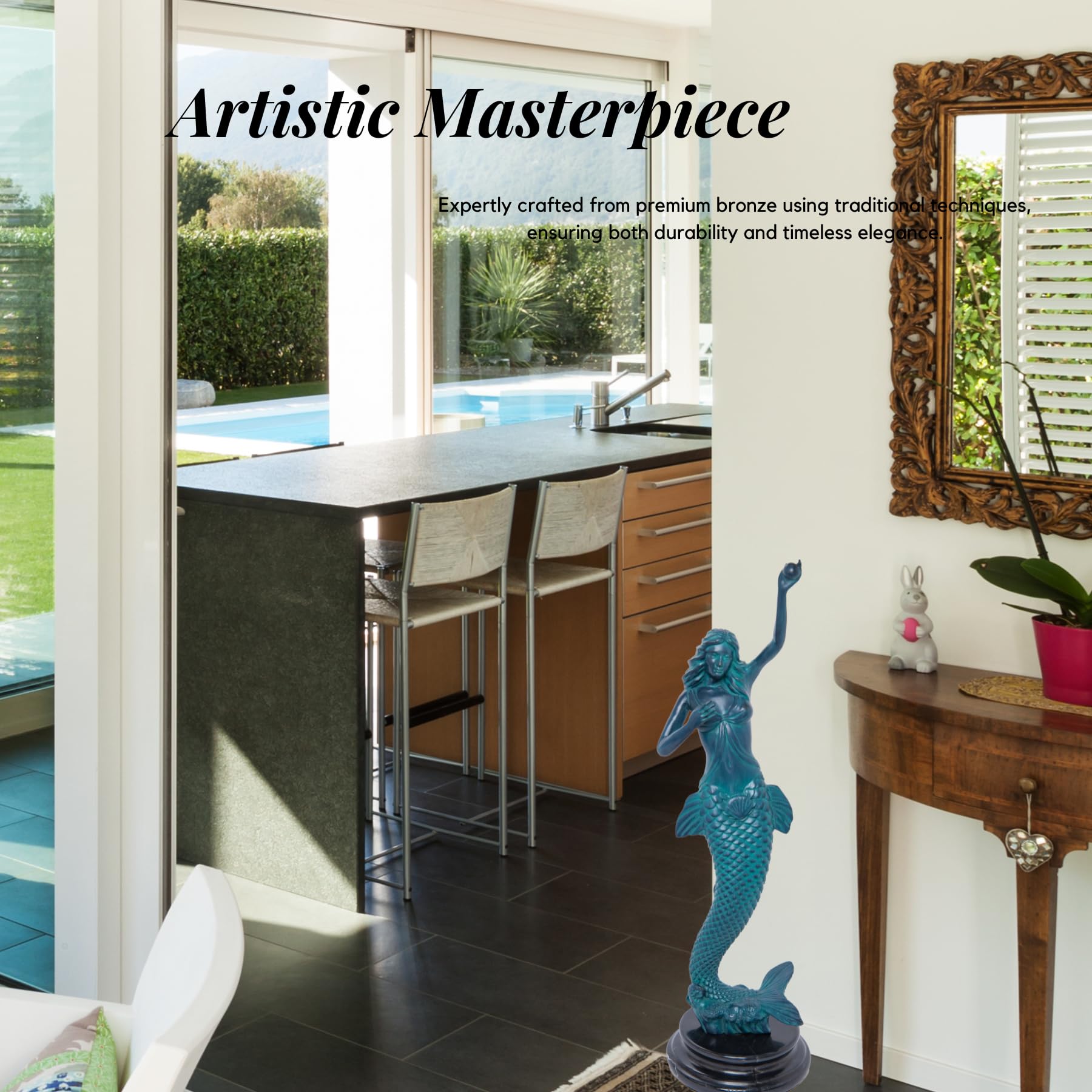 Teal blue bronze mermaid sculpture artistic masterpiece kitchen counter display