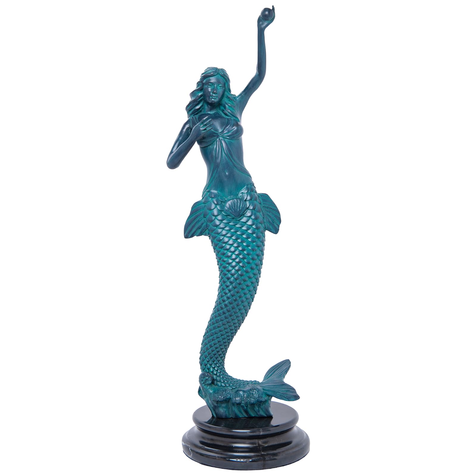 Teal blue bronze mermaid sea goddess sculpture front view white background full body