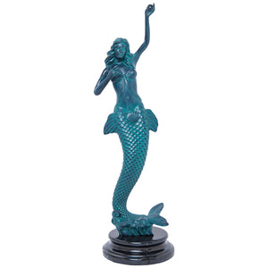 Teal blue bronze mermaid sea goddess sculpture front view white background full body