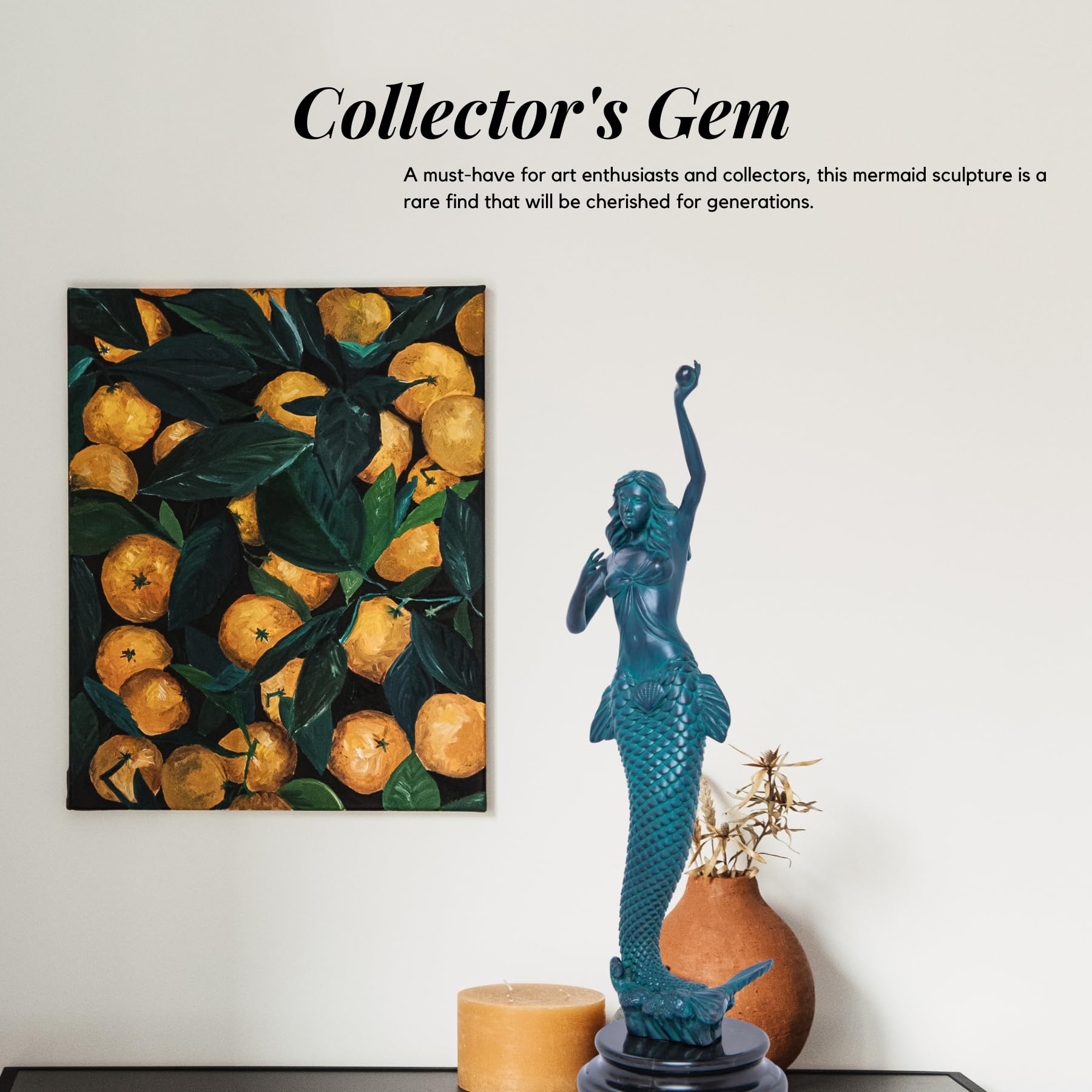 Teal blue bronze mermaid sculpture displayed in bright interior showing height reference
