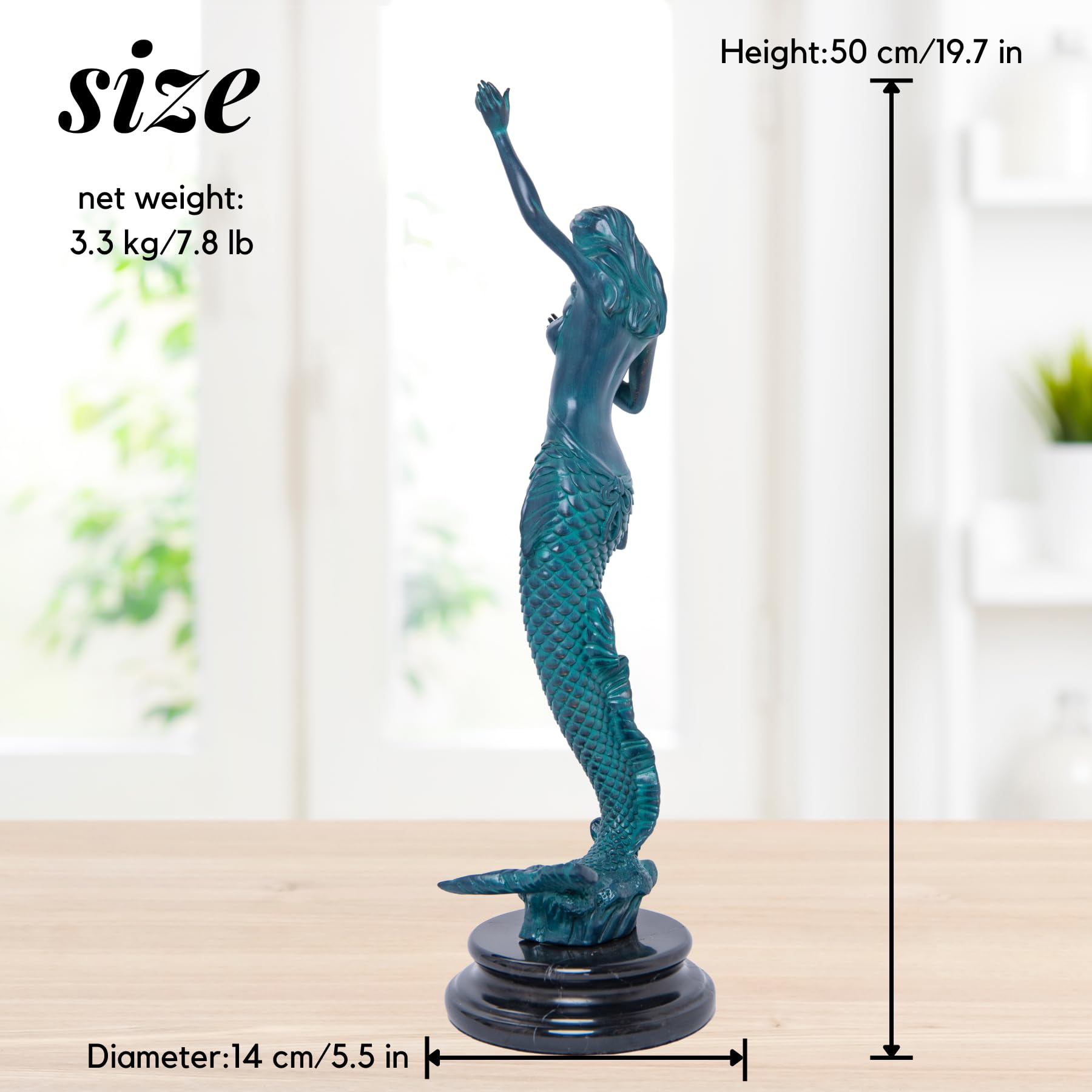 Teal blue bronze mermaid sculpture size chart 19.7 inch dimensions weight reference