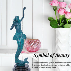 19.7 inch teal blue bronze mermaid sculpture symbol of beauty displayed beside pink roses