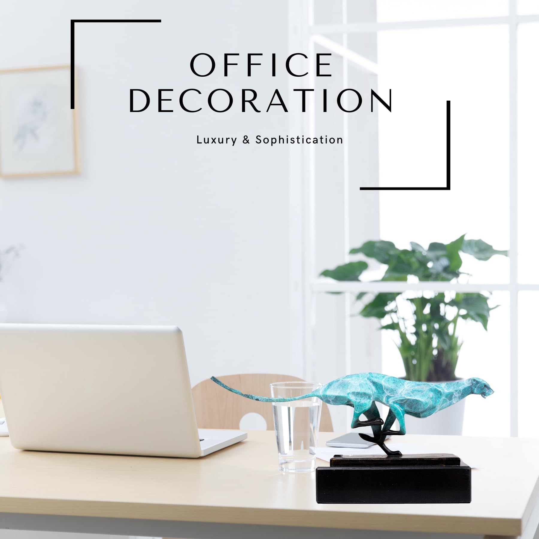 Teal azure running cheetah sculpture displayed as office decoration on modern desk