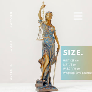 Teal Lady Justice Themis statue size reference chart showing 11 inch height measurements