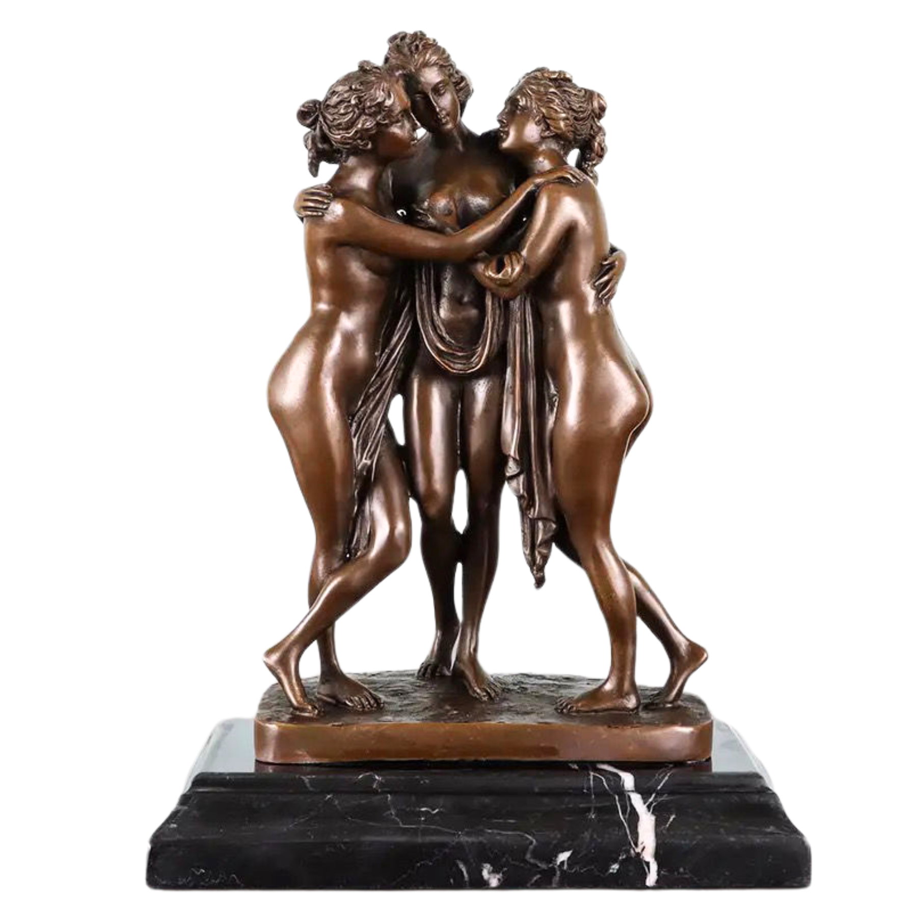 9.8 inch Bronze Sculpture of The Three Graces on a polished natural marble base.