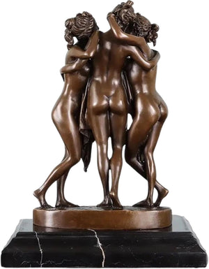 Detailed side view of The Three Graces sculpture showing the intricate lost-wax casting texture