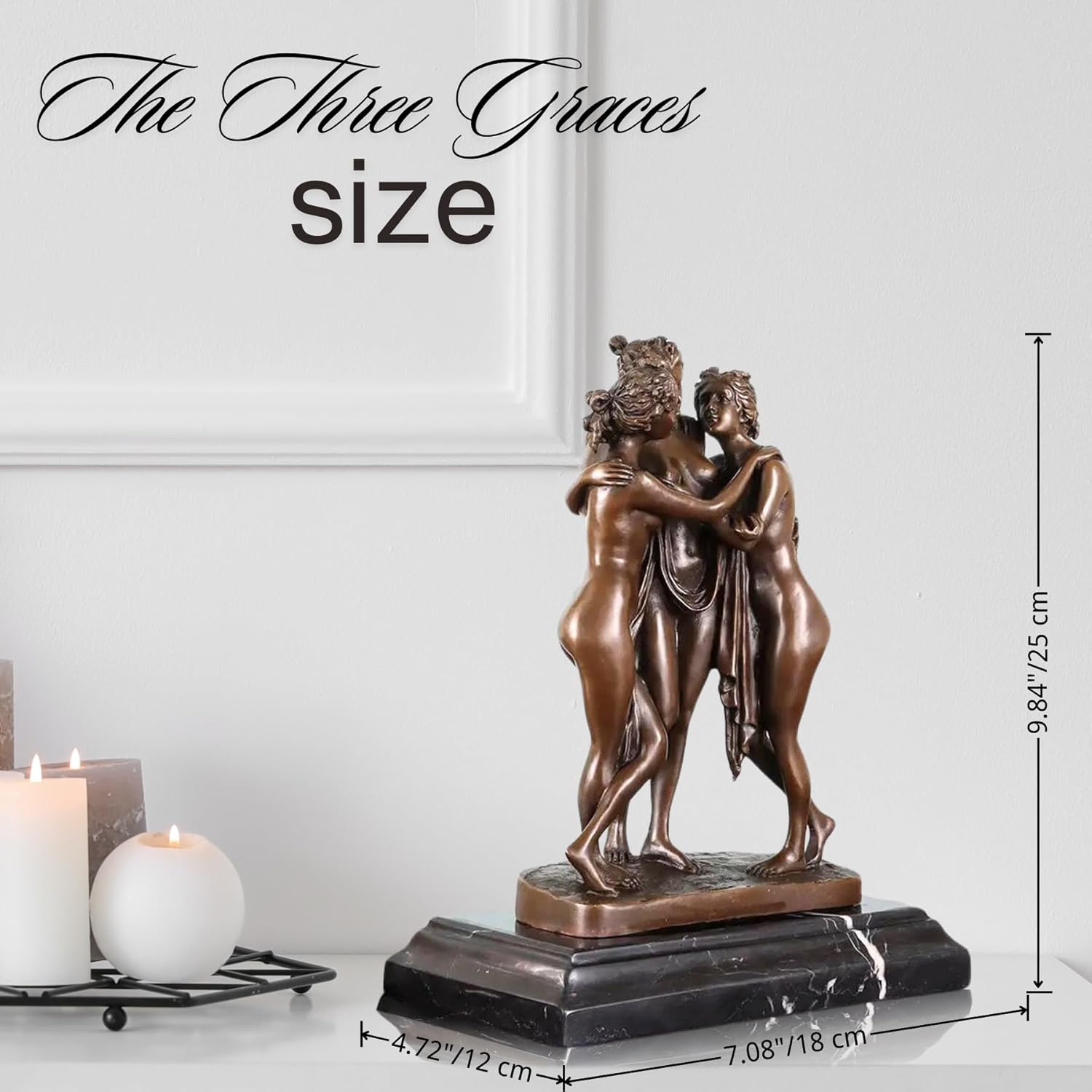 Handcrafted Three Graces bronze figurine displayed as a centerpiece on a modern living room shelf.
