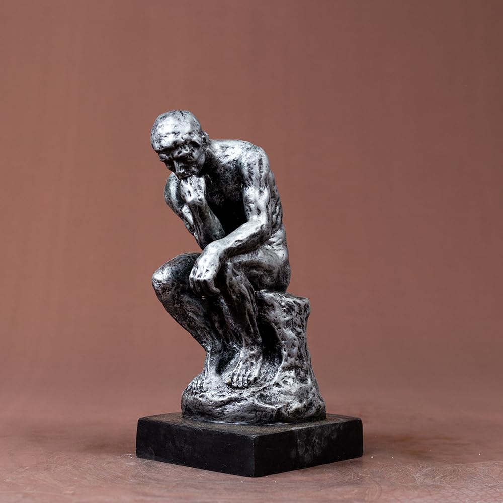 The Thinker gothic silver bronze statue front three-quarter view displaying obsidian silver finish detail